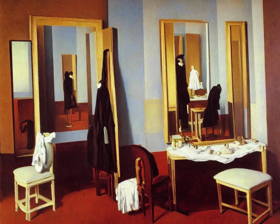 Prompt: achingly beautiful painting of a sophisticated, well - decorated, modern dressing room by rene magritte, monet, and turner.