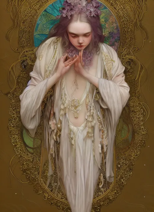 Prompt: Elle Fanning as God of Beauty, cute, fantasy, intricate, elegant, highly detailed, digital painting, 4k, HDR, concept art, smooth, sharp focus, illustration, art by alphonse mucha,artgerm, H R Giger