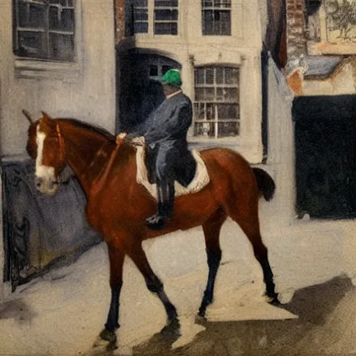 Prompt: painting of a man on a horse in a Dublin alleyway, painted by George Bellows, 1905, detailed brushstrokes