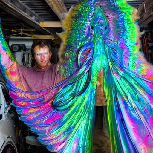 Image similar to a human standing in his garage, he is covered with iridescent bodypaint, his hair has shells and barnacles