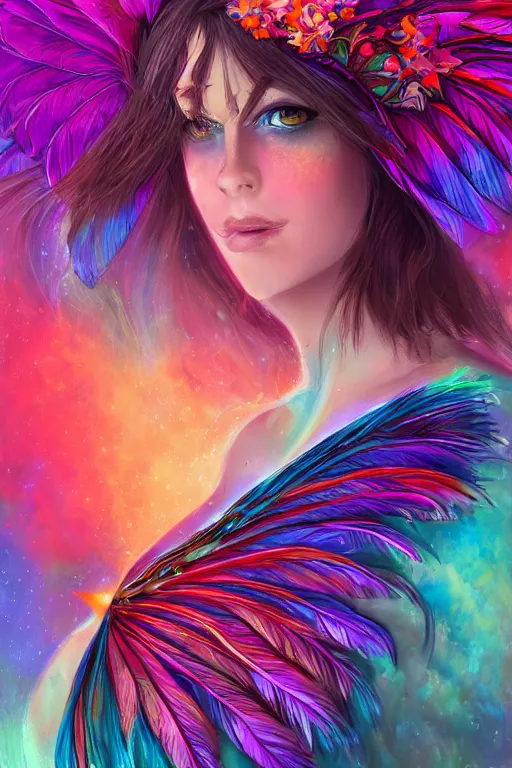Prompt: wonderdream faeries lady feather wing digital art painting fantasy bloom vibrant snyder zack and swanland raymond illustration character design concept colorful joy atmospheric lighting butterfly