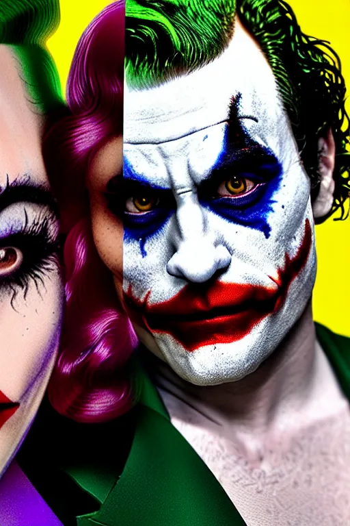 Image similar to joaquin phoenix joker with harley queen lady gaga, photorealistic, smooth, 4 k, aesthetic lighting, baroque object, sharp focus, hyperdetailed, professional photography, pullitzer winning, 8 0 0 photo by : canon eos 5 d mark iv, by karah mew and adnan abidi and jodie bateman