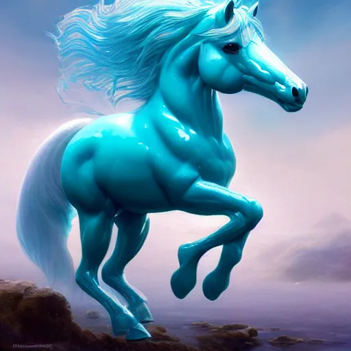 Prompt: a fantastical transparent small turquoise horse made of water and foam, ethereal, noble, radiant, hyperalism, scottish folklore, digital painting, artstation, concept art, smooth, 8 k frostbite 3 engine, ultra detailed, art by artgerm and greg rutkowski and magali villeneuve