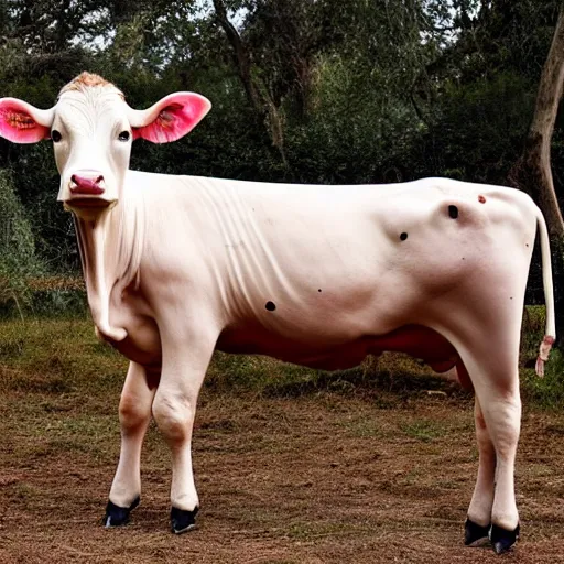 Image similar to a photo of a cow with human limbs, genetic abnormalities