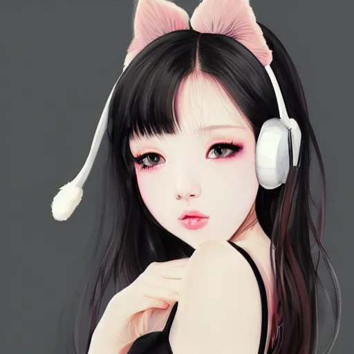 Image similar to realistic beautiful gorgeous natural cute Blackpink Lalisa Manoban black hair fur black cat ears, wearing white camisole summer outfit, headphones, black leather choker artwork drawn full HD 4K highest quality in artstyle by professional artists WLOP, Aztodio, Taejune Kim, Guweiz on Pixiv Artstation