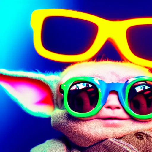 portrait photo of baby yoda wearing sunglasses, blue Stable Diffusion