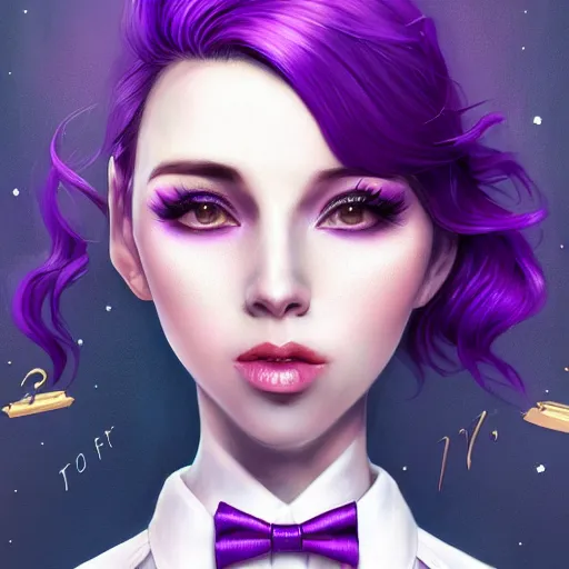 Prompt: beautiful tall secretary with purple hair, a horn on her head, a purple tuxedo, purple eyes, award winning photography, cinematic, digital painting, cinematic, wlop, 8 k, by ross tran, tom bagshaw