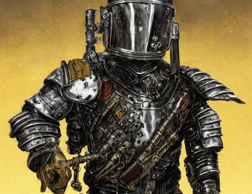 Image similar to a detailed portrait painting of a lone bounty hunter wearing combat armour and a reflective visor. Head and chest only. Dieselpunk elements. Movie scene, cinematic sci-fi scene. Flight suit, cloth and metal, accurate anatomy. Samurai influence, knight influence. fencing armour. portrait symmetrical and science fiction theme with lightning, aurora lighting. clouds and stars. Futurism by moebius beksinski carl spitzweg moebius and tuomas korpi. baroque elements. baroque element. intricate artwork by caravaggio. Oil painting. Trending on artstation. 8k