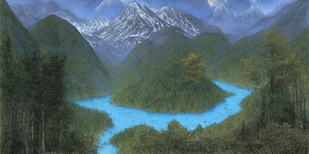 Image similar to art by john howe of the cinematic view of the jiuzhaigou valley forest