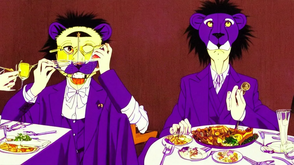 Image similar to a woman wearing a purple dress suit and a purple lion mask eating dinner at a fancy restaurant in Tokyo, anime film still from the an anime directed by Katsuhiro Otomo with art direction by Salvador Dalí, wide lens