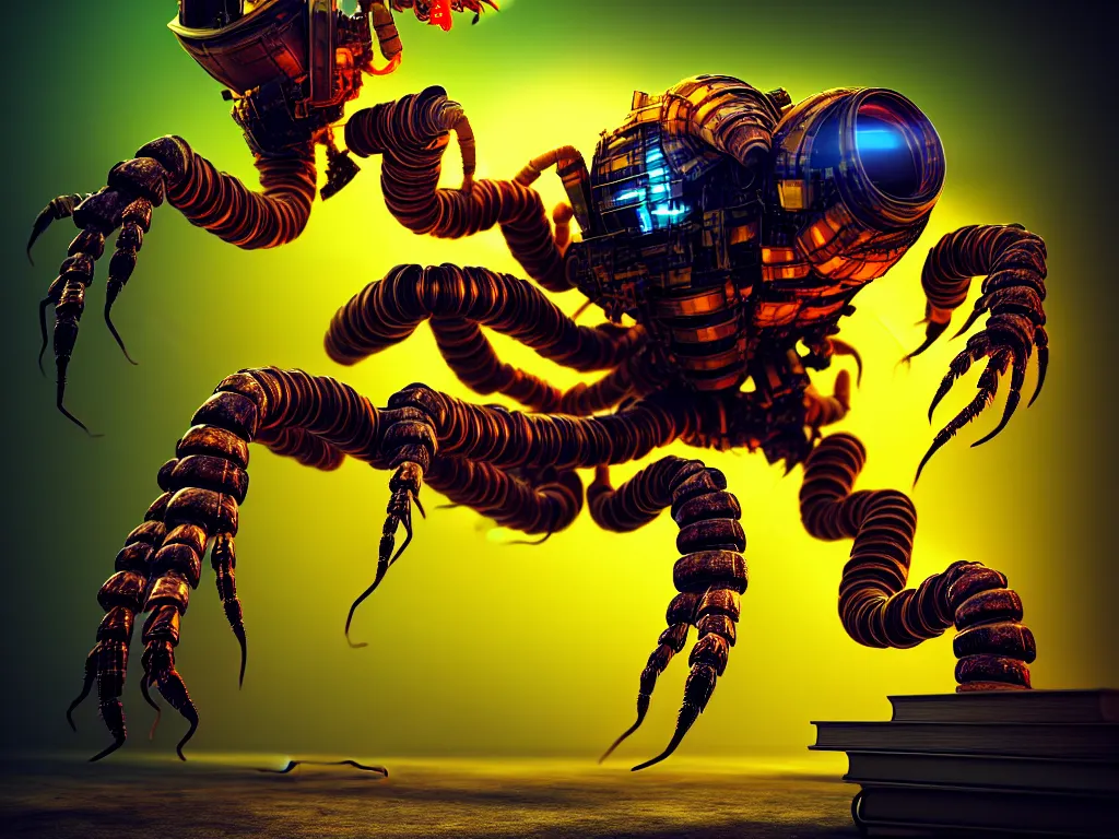 Image similar to A frightening gigantic evil robot scorpion devouring books with pipes and tubes and wires, hyperealistic very colourful hdr cinematic lighting cgi render photorealistic cinematic octane render