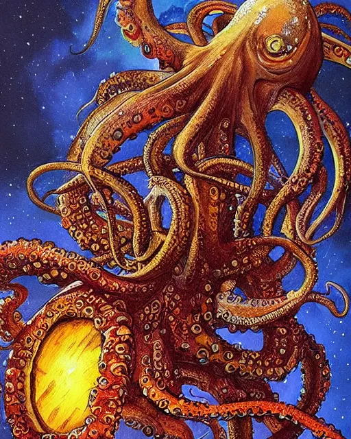 Prompt: a painting of an octopus attacking a giant squid, a fine art painting by gary freeman and by tim white and by philippe druillet, artstation, fantasy art, lovecraftian, bioluminescence, cosmic horror