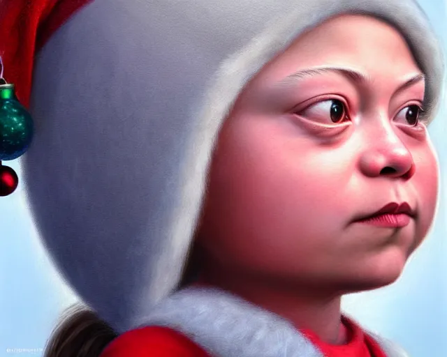 Image similar to closeup profile portrait of greta thunberg as an eskimo, nicoletta ceccoli, mark ryden, lostfish, max fleischer, hyper realistic, artstation, illustration, digital paint, matte paint, vivid colors, bright, cheerful, detailed and intricate christmas environment