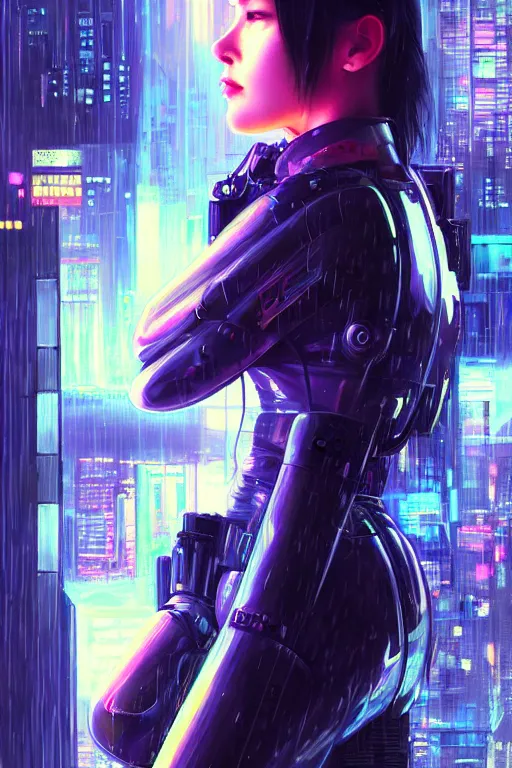 Image similar to portrait futuristic beautiful cyberpunk female police, in heavy rainning futuristic tokyo rooftop cyberpunk night, ssci-fi, fantasy, intricate, very very beautiful, elegant, neon light, highly detailed, digital painting, artstation, concept art, soft light, hdri, smooth, sharp focus, illustration, art by tian zi and craig mullins and WLOP and alphonse mucha