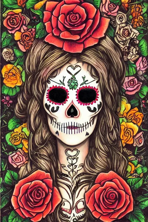 Image similar to illustration of a sugar skull day of the dead girl, art by sophie anderson