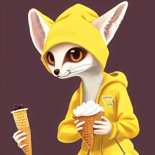 Image similar to furry art of female fennec fox walking down the street holding an icecream cone, digital art, artstation, 4K, detailed, detailed fur, big anime eyes, wearing yellow hoodie, detailed face, anthromorphic,