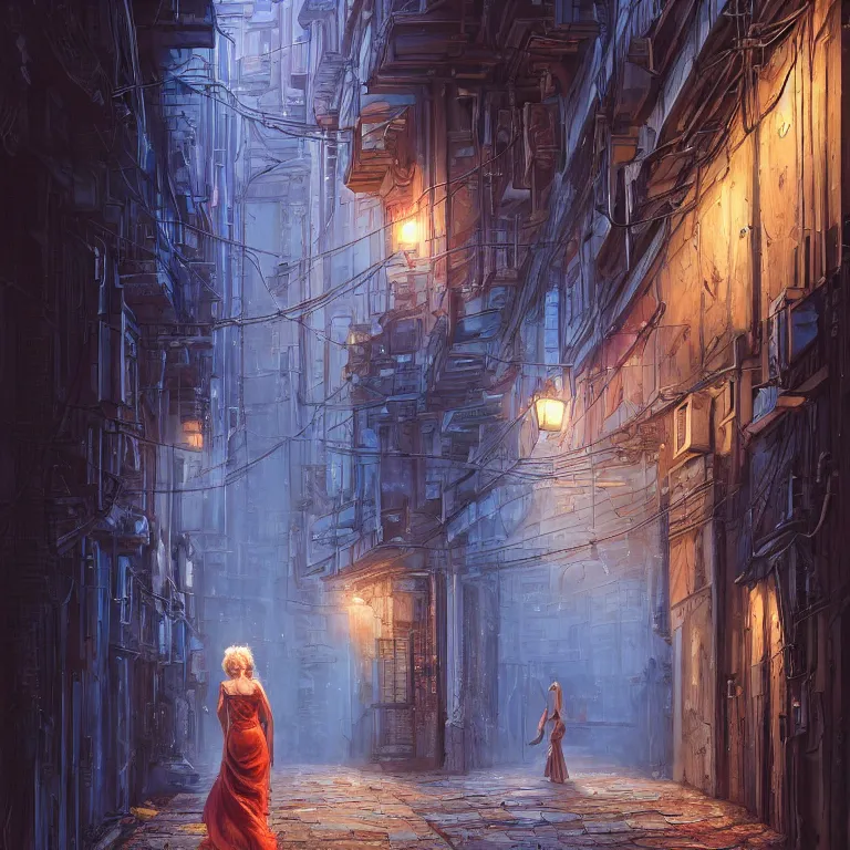 Prompt: hyperrealistic and beautiful painting of an alley way within a grand city, lonely woman in a dress walking, classical architecture, technological lights, screens, cyberpunk style, 8 k resolution, by hugh ferris and john smith, polished, fine detail, intricate, blue color scheme, cyberpunk style, smooth, octane, concept art, trending on artstation