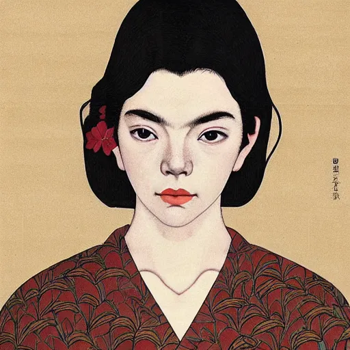 Image similar to “ anya taylor - joy portrait by ikenaga yasunari and ayana otake and ko rakusui, 6 0 s poster, drawing, realistic, sharp focus, japanese, dreamy, nostalgia, faded, golden hues, floral clothes, porcelain skin ”