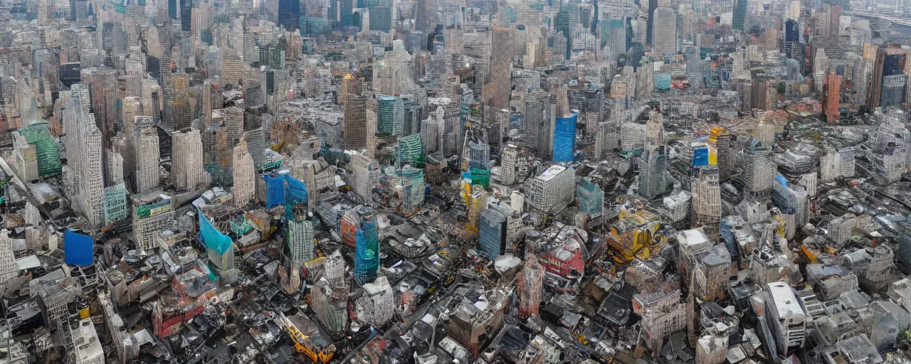 Image similar to times square after the oceans rise. The whole city is deep under water. Seaweed growing here or there, schools of fish glitter in the gloom. Rusted cars make a home for coral. Panoramic view