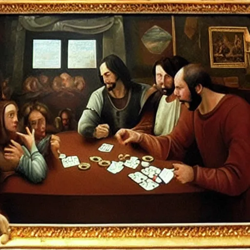 Prompt: a renaissance painting of keanu reeves playing poker with aliens. Dark, average quality, realistic faces, lonely