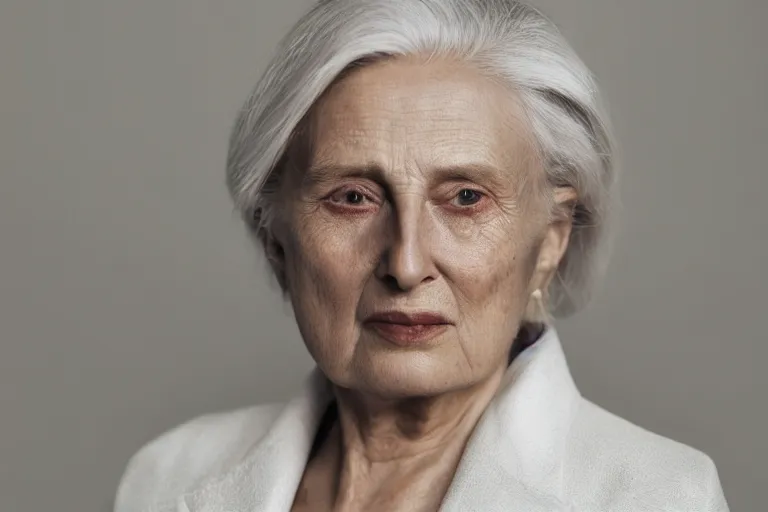 Prompt: a realistic studio cinematic headshot portrait of a beautiful old woman, wearing futuristic white suit, ceo, 4 k, ultra realistic, dramatic lighting, vogue, fashion, by annie leibovitz