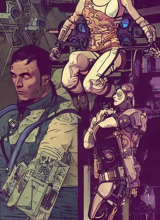 Prompt: cyberpunk fitness coach. portrait by ashley wood and alphonse mucha and laurie greasley and josan gonzalez and james gurney. spliner cell, apex legends, rb 6 s, hl 2, d & d, cyberpunk 2 0 7 7. realistic face. character clothing. vivid color. dystopian setting.