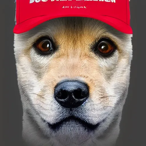 Image similar to doge with make america great again cap, realistic, 8 k,