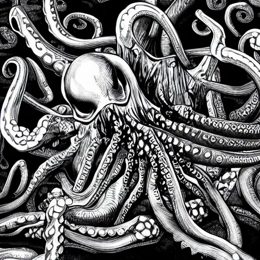 Image similar to a rib cage filled with octopuses wrapping their tentacles around the shining white bones, fantasy illustration