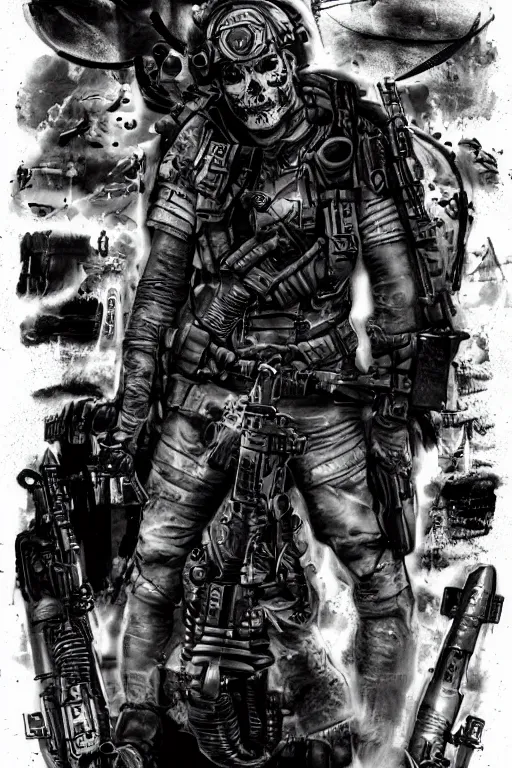 Prompt: a paranormal soldier, mystical tattoos, emp weapons strapped in shoulders, horror sci - fi black and white poster