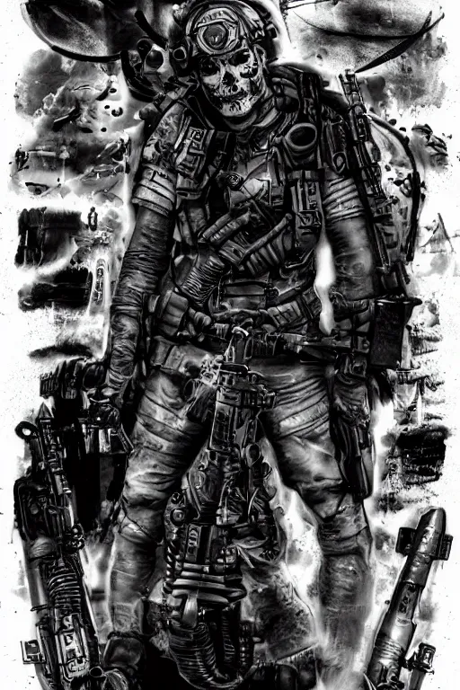 Image similar to a paranormal soldier, mystical tattoos, emp weapons strapped in shoulders, horror sci - fi black and white poster