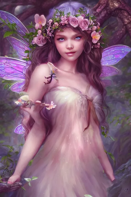 Image similar to a cute fairy in the dreamy forest, fantasy, 8 k resolution, hyper detailed, d & d, character design, digital painting, trending on artstation, sharp focus, illustration, art by artgerm, steve zheng, fuji choko, viktoria gavrilenko, hoang lap