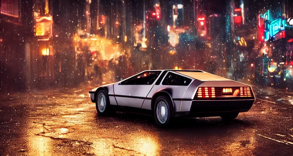 Prompt: a 2 8 mm closeup photo of a delorean tron tesla car on wet city street at night, intricate, hyper detailed, smooth, high contrast, neon, volumetric lighting, octane, moebius, greg rutkowski, blade runner, ripley scott, cindmatic