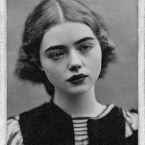 Image similar to headshot edwardian photograph of elle fanning, scarlett johansson, lily collins, barbara palvin, 1 9 2 0 s film actress, realistic face, 1 9 1 0 s, grainy, victorian, detailed, soft blur