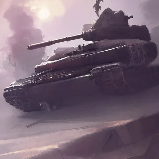 Prompt: A young man riding the front of a tank, town, by Greg Rutkowski, painting, trending on artstation