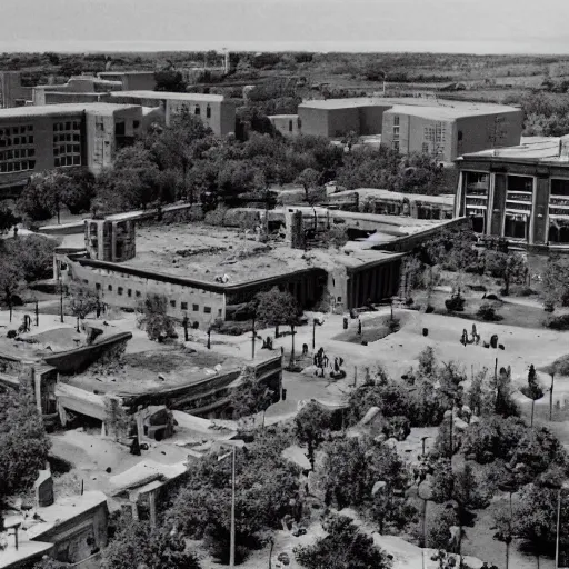 Image similar to university campus during zombie invasion, circa 1 9 4 5, hd, award - winning