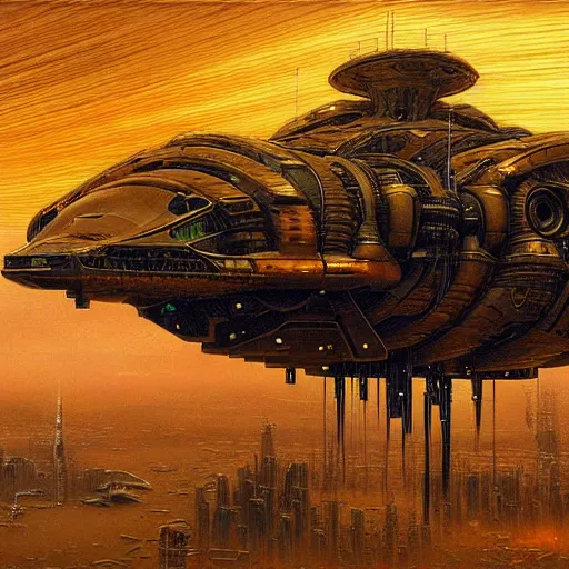 Prompt: cyberpunk starship hovering, atmospheric lighting, painted, intricate, golden hour, ultra detailed by peter gric, giger, enki bilal