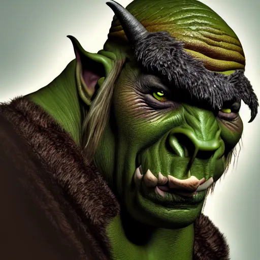 Image similar to a photorealistic portrait shot of a fantasy orc