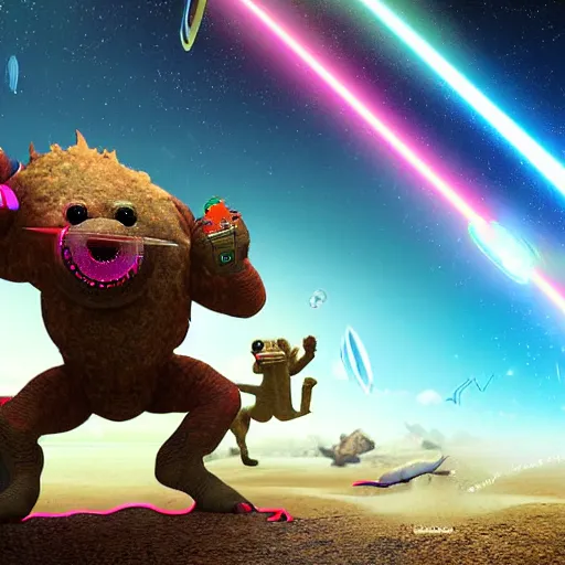 Prompt: laser war between funny creatures on a planet, digital art, award winning 4K