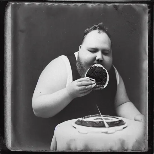 Image similar to a daguerrotype photo of a fat man eating a cake, award winning photo