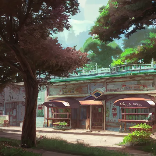 Image similar to concept art painting of a historic bakery with european and japanese architecture, in a woodland village surrounded by trees, realistic, detailed, cel shaded, in the style of makoto shinkai and greg rutkowski and james gurney