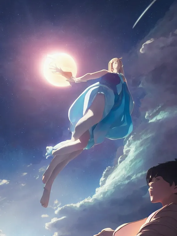 Image similar to a godly, wise, powerful giant girl wearing a skirt in space holding a model of a Saturn in her left hand. Soft lighting, cosmic skies, stunning, 8K, no planets, octane render. By Makoto Shinkai, Stanley Artgerm Lau, WLOP, Rossdraws, James Jean, Andrei Riabovitchev, Marc Simonetti, krenz cushart, Sakimichan, D&D trending on ArtStation, digital art.