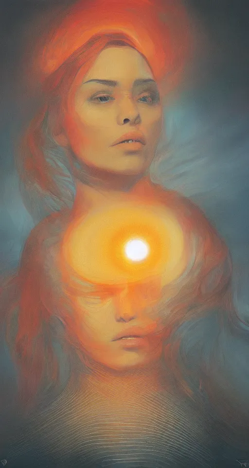 Image similar to the woman is like the setting sun, artstation, album cover, digital oil on canvas