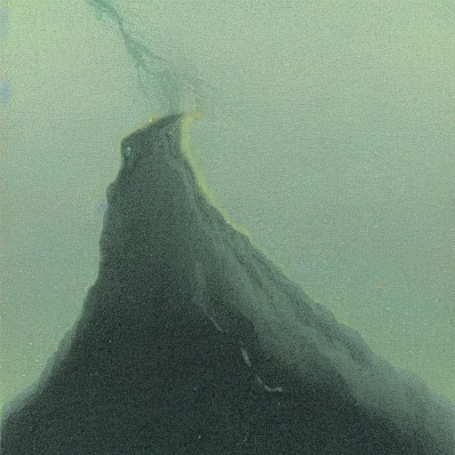 Prompt: a dark entity hovering over the gaping hole of a volcano in the style of zdislaw beksinski