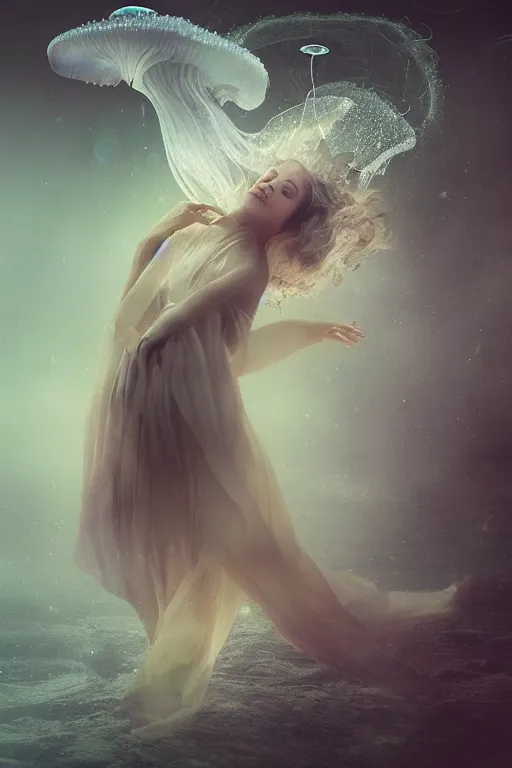 Image similar to A beautiful woman merged with a jellyfish, concept art, atmospheric, photography, magical atmosphere