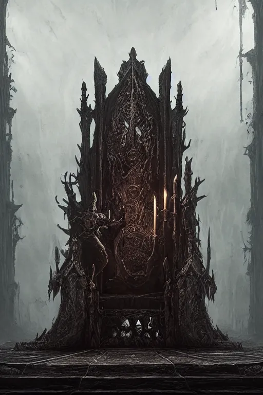 Prompt: Throne of the Shadow King, high fantasy, gothic, skulls, malice, dark atmosphere, detailed, cinematic, ornate, intricate carvings, cinematic lighting, artstation, Greg Rutkowski, Marc Simonetti, H R Giger, octane render, 8k