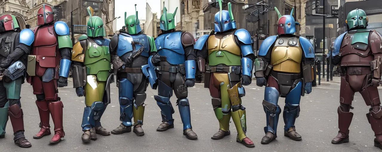 Prompt: four overweight, bored mandalorians on the streets of London