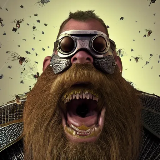 Prompt: highly detailed octane render of a close up portrait of an ugly man with a giant beard wearing goggles and armour and screaming in a cave whilst surrounded by large insects