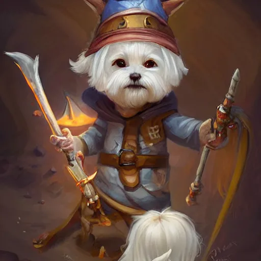Image similar to cute little anthropomorphic a Maltese Terrier and a tabby cat, wielding a magic staff, tiny, small, short, Wizard robe, cute and adorable, pretty, beautiful, DnD character art portrait, matte fantasy painting, DeviantArt Artstation, by Jason Felix by Steve Argyle by Tyler Jacobson by Peter Mohrbacher, cinema