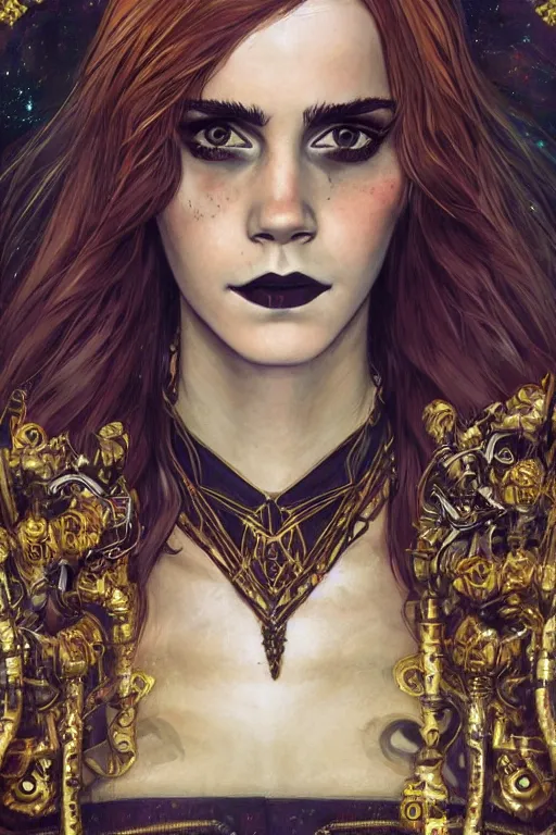 Image similar to portrait of beautiful gothic Emma Watson, cyberpunk, Warhammer, highly detailed, artstation, illustration, art by Gustav Klimt