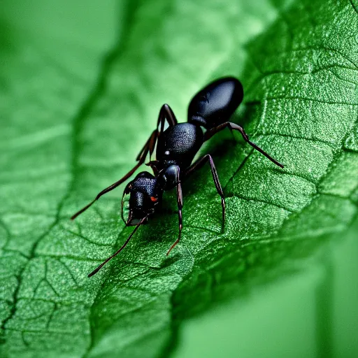 Image similar to robotic ant on a green leaf, macro photography, 8 k, moody lighting, shallow depth of field,